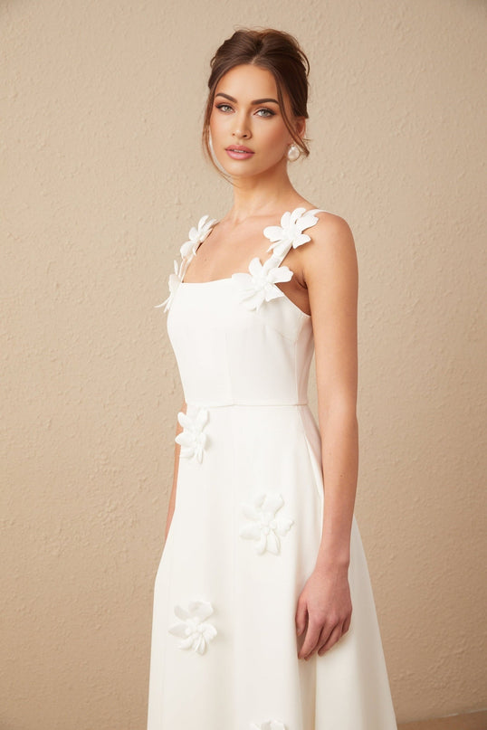 Valeria White Midi Dress with Square-Neck Design and Faux Flower Embellishments