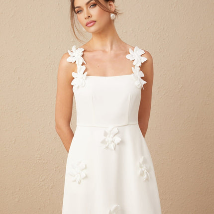 Valeria White Square Neck Midi Dress with Faux Flower Embellishments