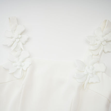 Valeria White Square Neck Midi Dress with Faux Flower Embellishments