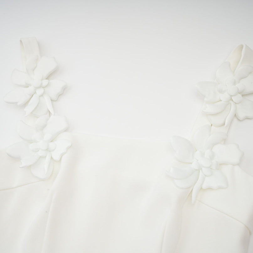 Valeria White Square Neck Midi Dress with Faux Flower Embellishments