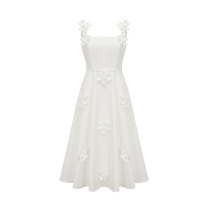Valeria White Square Neck Midi Dress with Faux Flower Embellishments