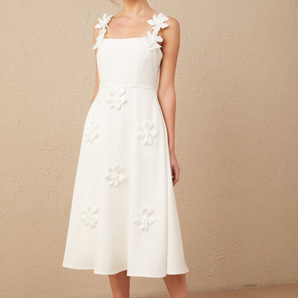 Valeria White Square Neck Midi Dress with Faux Flower Embellishments