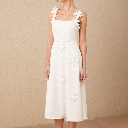 Valeria White Square Neck Midi Dress with Faux Flower Embellishments