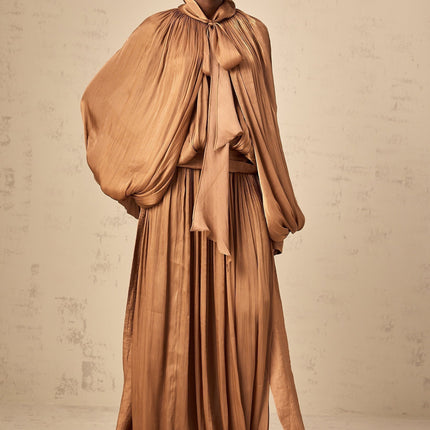 Valeriana Brown Maxi Dress with Ribbon Tie-Neck and Dolman Sleeves