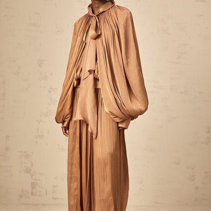 Valeriana Brown Maxi Dress with Ribbon Tie-Neck and Dolman Sleeves