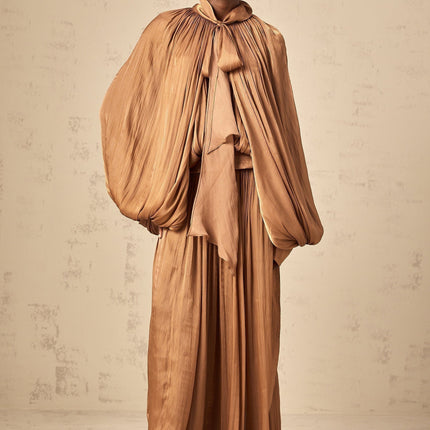 Valeriana Brown Maxi Dress Ribbon Tie-Neck Dolman Sleeves Satin Pleated Elegant Draping Sophistication Terylene Fiber Luxury