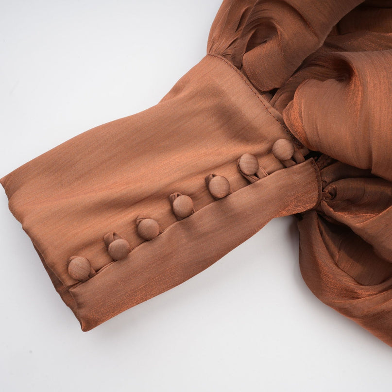 Valeriana Brown Maxi Dress Ribbon Tie-Neck Dolman Sleeves Satin Pleated Draping Button Fastening 100% Terylene Fiber Luxury Timeless Charm