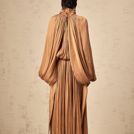 Valeriana Brown Maxi Dress with Ribbon Tie-Neck and Dolman Sleeves in Satin Finish