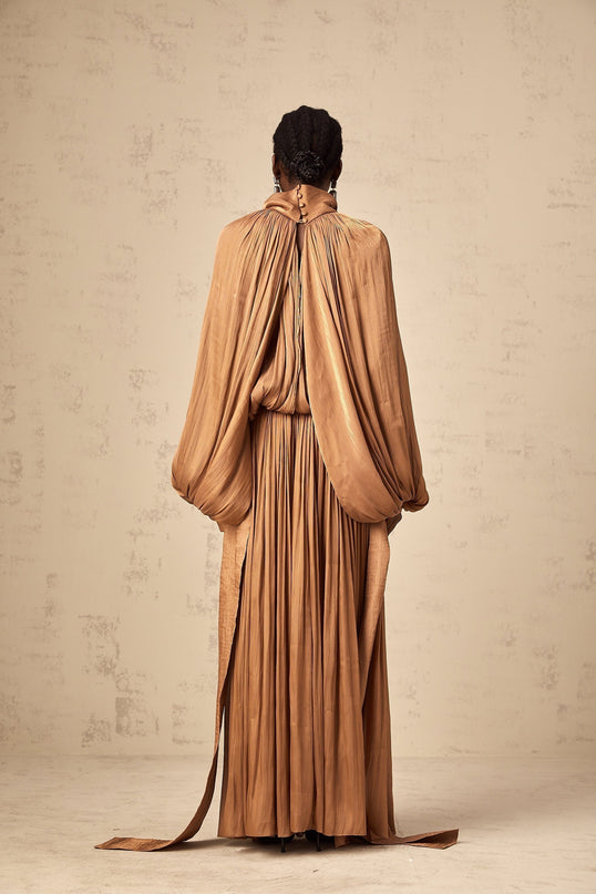 Valeriana Brown Maxi Dress with Ribbon Tie-Neck and Dolman Sleeves in Satin Finish