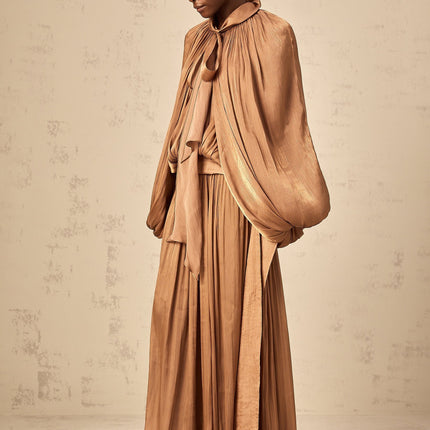 Valeriana Brown Maxi Dress with Ribbon Tie-Neck and Dolman Sleeves