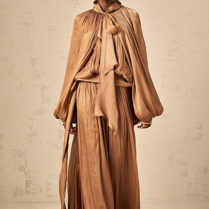 Valeriana Brown Maxi Dress with Ribbon Tie-Neck and Dolman Sleeves