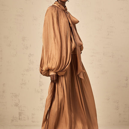 Valeriana Brown Satin Maxi Dress with Ribbon Tie-Neck and Dolman Sleeves