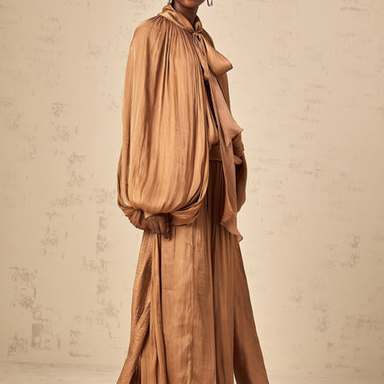 Valeriana Brown Satin Maxi Dress with Ribbon Tie-Neck and Dolman Sleeves