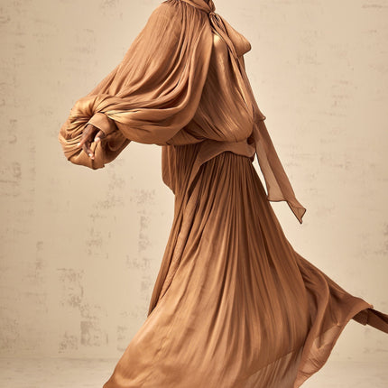 Valeriana Brown Satin Maxi Dress with Ribbon Tie-Neck and Dolman Sleeves