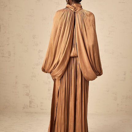 Valeriana Brown Satin Maxi Dress with Ribbon Tie-Neck and Dolman Sleeves