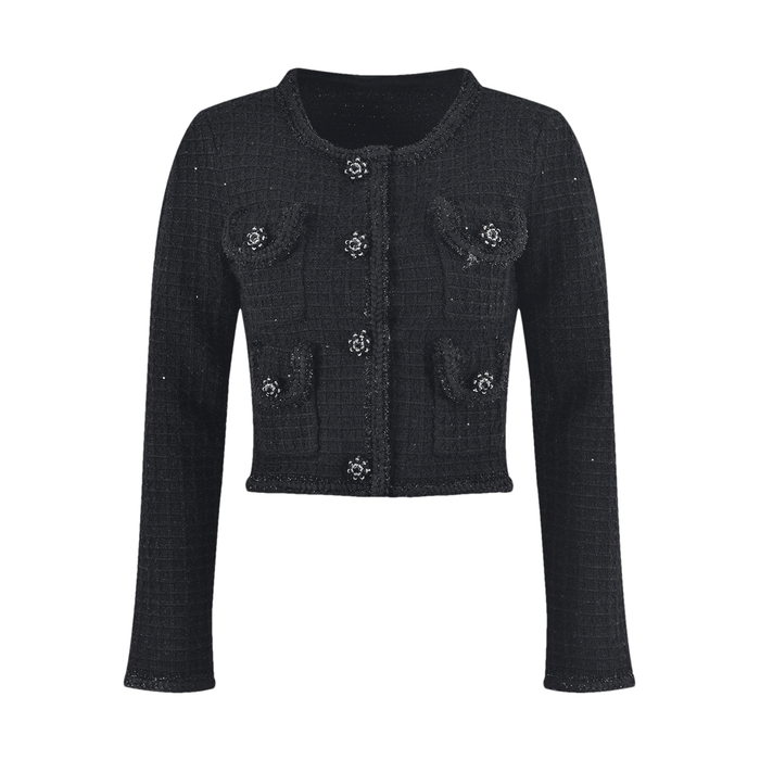 Black waffleknit jacket with four flap pockets and front button fastening 80% Polyester and 20% Cotton material blend