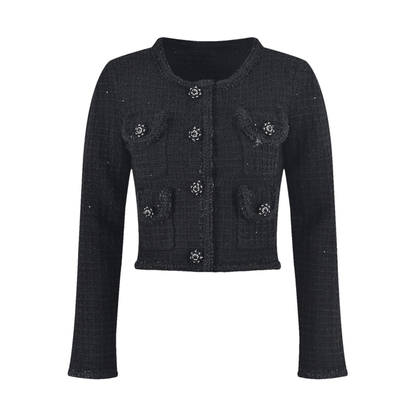 Black waffleknit jacket with four flap pockets and front button fastening 80% Polyester and 20% Cotton material blend