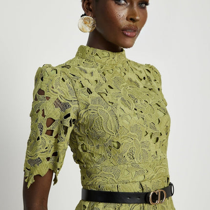 Valérie Green Embroidered A-line Mini Dress With Cutout Details