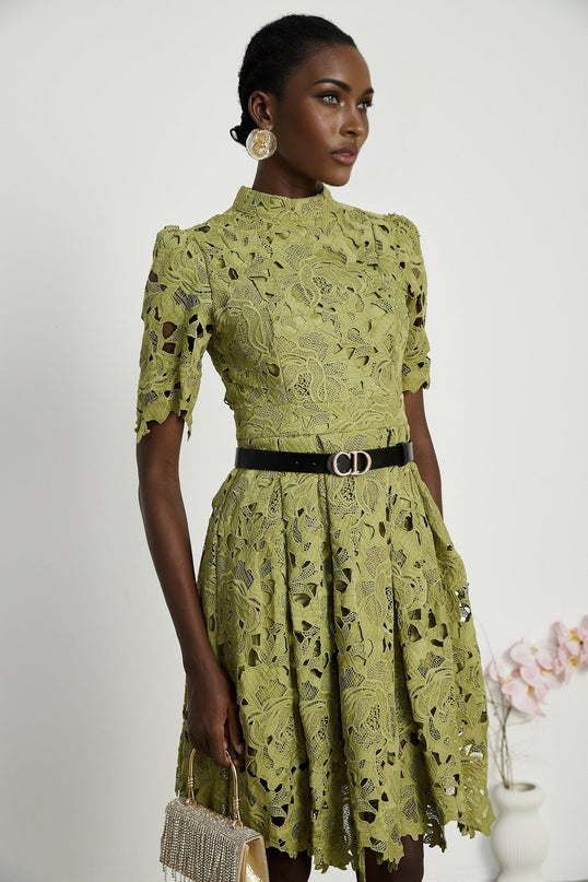 Valérie Green Embroidered A-line Mini Dress With Cutout Details