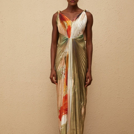 Valerie Olive Green Multicolor Maxi Dress with Graffiti Print and Shawl Embellishment
