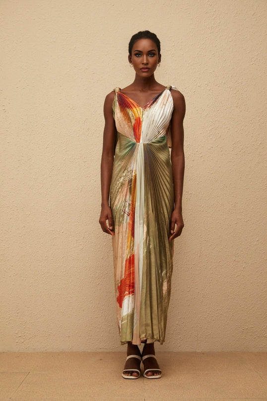 Valerie Olive Green Multicolor Maxi Dress with Graffiti Print and Shawl Embellishment