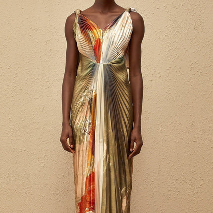 Valerie Olive Green Multicolor Maxi Dress V-Neck Sleeveless Satin Graffiti Print Pleated Shawl Front Slit Haute Couture