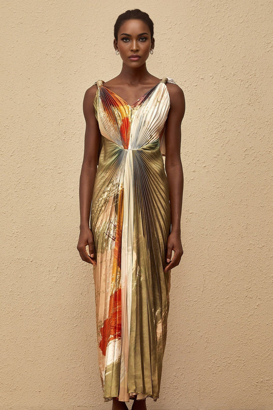 Valerie Olive Green Multicolor Maxi Dress V-Neck Sleeveless Satin Graffiti Print Pleated Shawl Front Slit Haute Couture