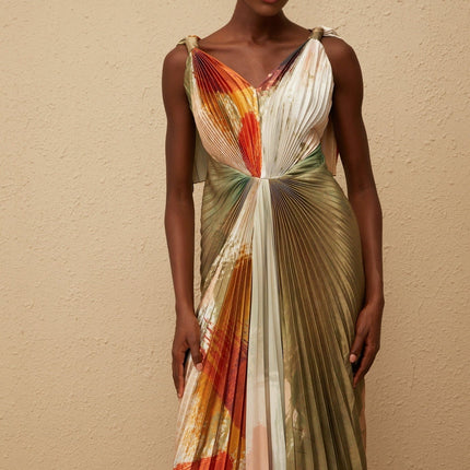 Valerie Maxi Dress Olive Green Multicolor V-Neck Sleeveless Satin Graffiti Print Pleated Shawl Front Slit Haute Couture