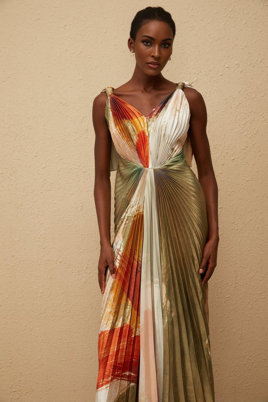 Valerie Maxi Dress Olive Green Multicolor V-Neck Sleeveless Satin Graffiti Print Pleated Shawl Front Slit Haute Couture