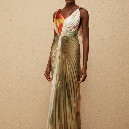 Valerie Olive Green Multicolor Maxi Dress V-Neck Sleeveless Graffiti Print Satin Pleated Shawl Front Slit Haute Couture