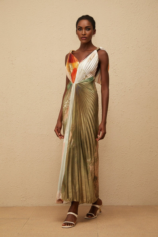 Valerie Olive Green Multicolor Maxi Dress V-Neck Sleeveless Graffiti Print Satin Pleated Shawl Front Slit Haute Couture