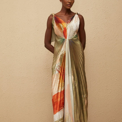 Valerie Maxi Dress Olive Green Multicolor V-Neck Sleeveless Satin Graffiti Print Pleated Shawl Front Slit Haute Couture