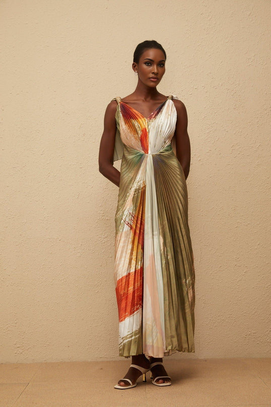 Valerie Maxi Dress Olive Green Multicolor V-Neck Sleeveless Satin Graffiti Print Pleated Shawl Front Slit Haute Couture