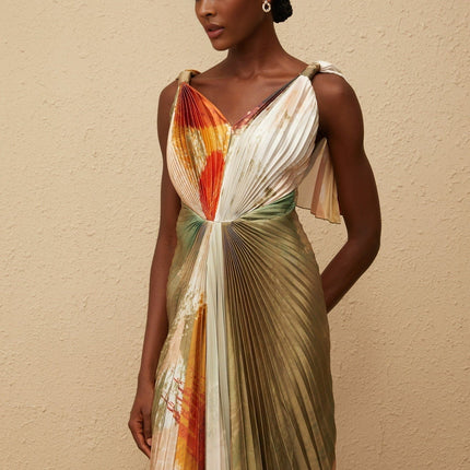 Valerie Green Olive Multicolor Maxi Dress V-Neck Sleeveless Satin Graffiti Print Pleated Shawl Embellishment Front Slit Haute Couture