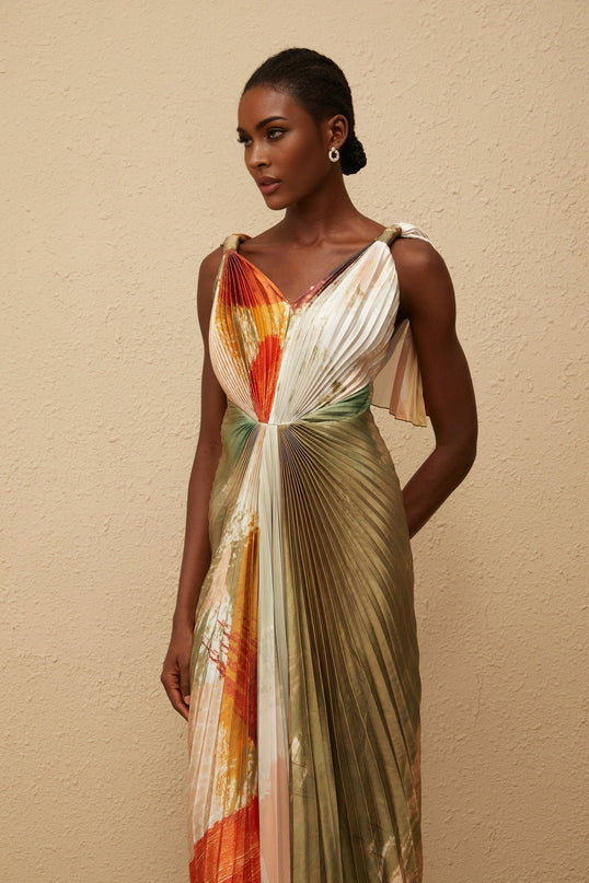 Valerie Green Olive Multicolor Maxi Dress V-Neck Sleeveless Satin Graffiti Print Pleated Shawl Embellishment Front Slit Haute Couture