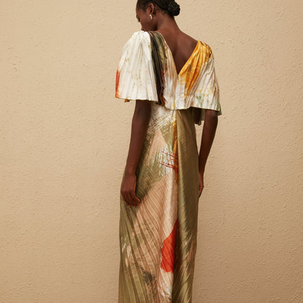 Valerie Olive Green Multicolor Satin Maxi Dress V-Neck Graffiti Print Pleated Shawl Embellishment Front Slit Haute Couture