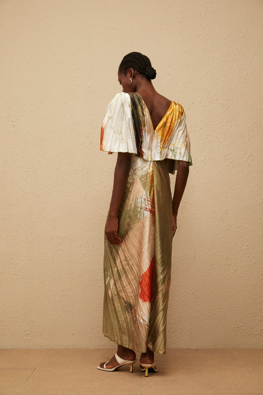 Valerie Olive Green Multicolor Satin Maxi Dress V-Neck Graffiti Print Pleated Shawl Embellishment Front Slit Haute Couture