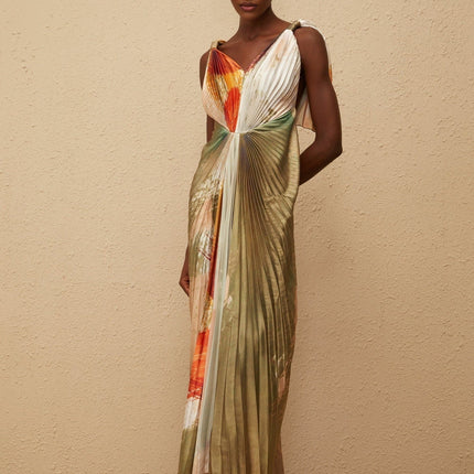 Valerie Maxi Dress Olive Green Multicolor V-Neck Sleeveless Satin Graffiti Print Pleated Shawl Front Slit Haute Couture