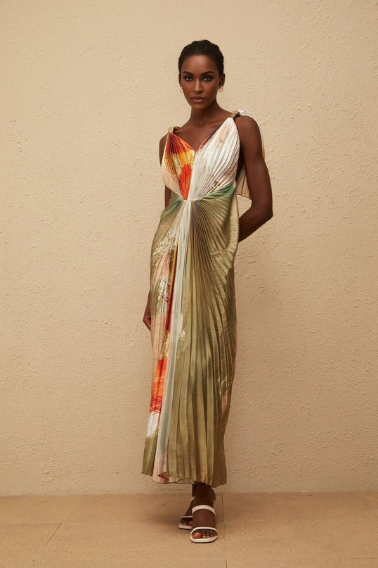 Valerie Maxi Dress Olive Green Multicolor V-Neck Sleeveless Satin Graffiti Print Pleated Shawl Front Slit Haute Couture
