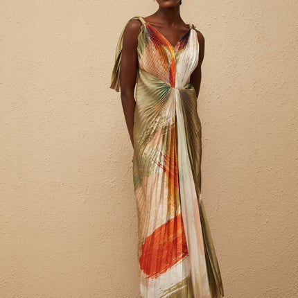 Valerie Maxi Dress Olive Green Multicolor Satin Graffiti Print Pleated Shawl Embellishment Front Slit Haute Couture
