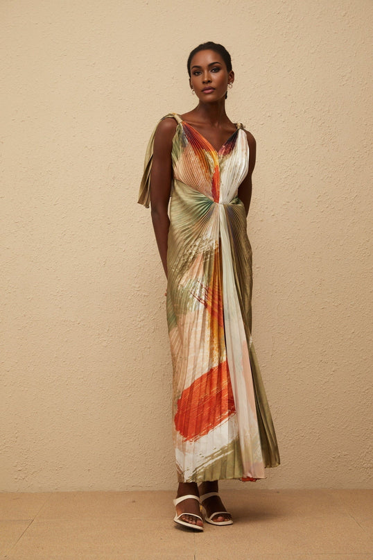 Valerie Maxi Dress Olive Green Multicolor Satin Graffiti Print Pleated Shawl Embellishment Front Slit Haute Couture