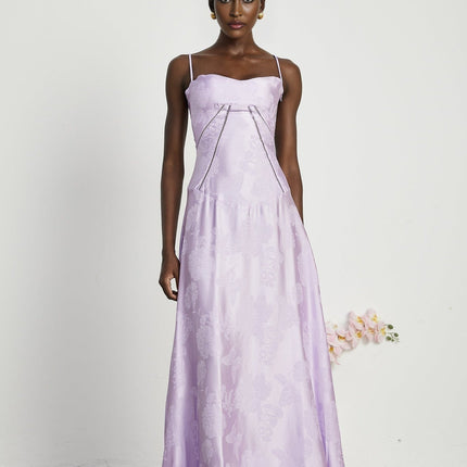 Valerie Purple Seraphina Jacquard Maxi Dress Spaghetti Strap Sleeveless Low-Cut Neckline Patterned Fabric Side Zip Fastening Rear Tie Fastening Maxi Length Design Sizes Elegance Grace Glamour