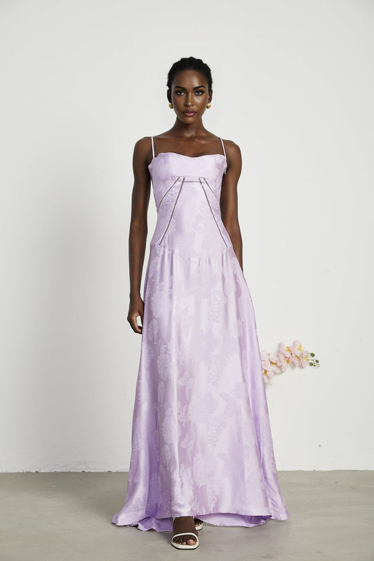 Valerie Purple Seraphina Jacquard Maxi Dress Spaghetti Strap Sleeveless Low-Cut Neckline Patterned Fabric Side Zip Fastening Rear Tie Fastening Maxi Length Design Sizes Elegance Grace Glamour