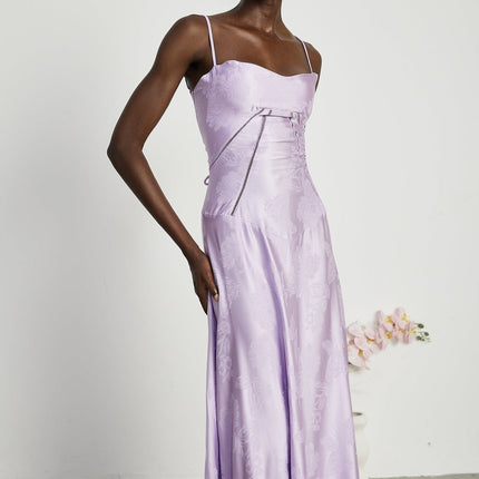 Valerie Purple Seraphina Jacquard Maxi Dress Spaghetti Strap Sleeveless Low-Cut Neckline Jacquard Fabric Side Zip Fastening Rear Tie Fastening Maxi Length Design Sizes Available Effortless Glamour