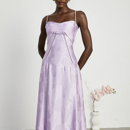 Valerie in Purple Seraphina Jacquard Maxi Dress Spaghetti Strap Low-Cut Neckline Patterned Fabric Zip Fastening Tie Fastening Maxi Length Elegance Grace Glamour Sizes Available