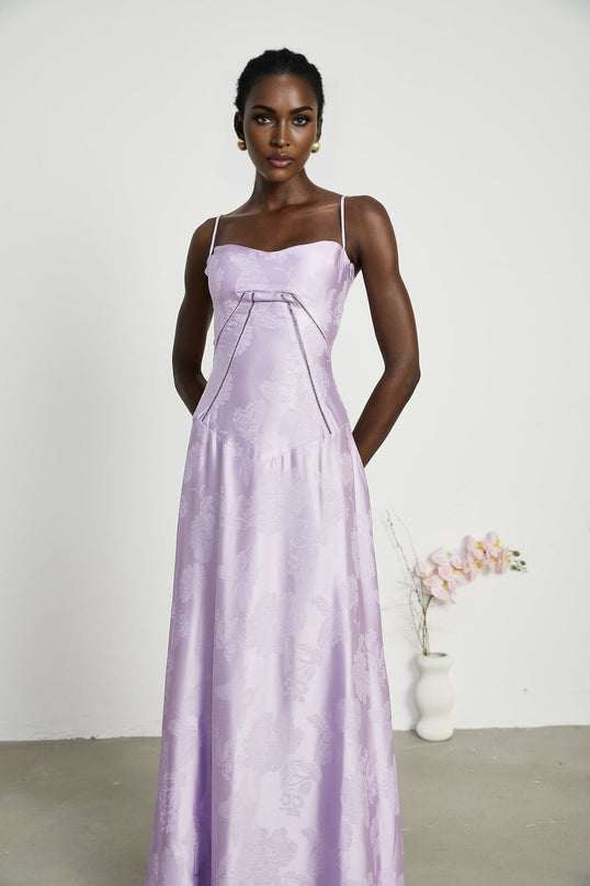 Valerie in Purple Seraphina Jacquard Maxi Dress Spaghetti Strap Low-Cut Neckline Patterned Fabric Zip Fastening Tie Fastening Maxi Length Elegance Grace Glamour Sizes Available