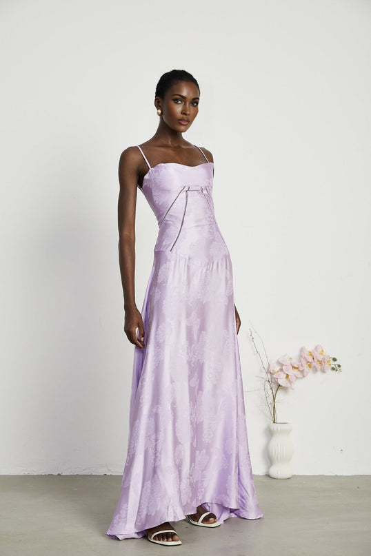 Valerie Purple Seraphina Jacquard Maxi Dress Spaghetti Strap Low Cut Sleeveless Dress