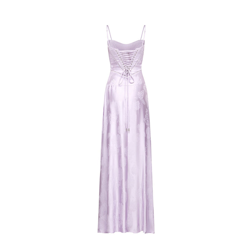 Valerie Purple Seraphina Jacquard Maxi Dress Sleeveless Spaghetti Strap Low-cut Neckline Side Zip Fastening Rear Tie Fastening Maxi Length Design
