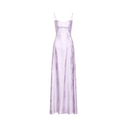 Valerie Purple Seraphina Jacquard Maxi Dress Spaghetti Strap Sleeveless Low-Cut Neckline Patterned Fabric Side Zip Fastening Rear Tie Fastening Maxi Length Design Elegance Grace Glamour Sizes Available