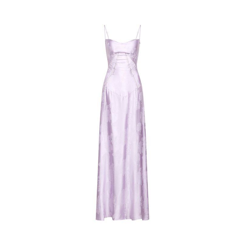 Valerie Purple Seraphina Jacquard Maxi Dress Spaghetti Strap Sleeveless Low-Cut Neckline Patterned Fabric Side Zip Fastening Rear Tie Fastening Maxi Length Design Elegance Grace Glamour Sizes Available